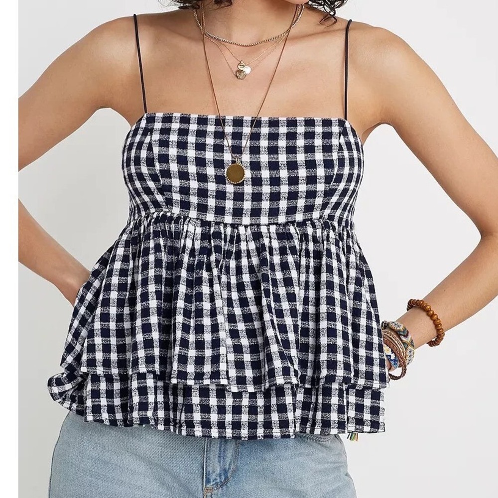 URBAN OUTFITTERS Navy OLIVIA Smocked Back TIERED RUFFLES HEM Babydoll Top/Cami M